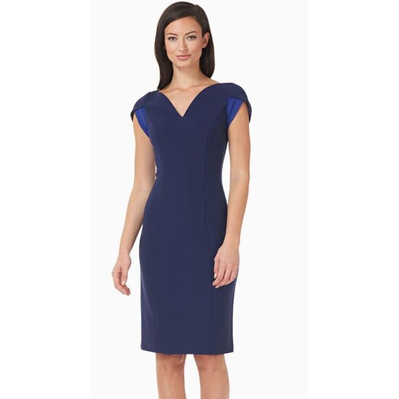 JS Collections Tulip Sleeve V-Neck Cocktail Work Dress Blue Navy Sapphire 8 NWT - Picture 2 of 13